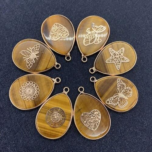Natural Semi-precious Stone Pendant Teardrop Shaped Tigers Eye One Hole Inlaid Metal Piece Pendant for DIY Necklace Making