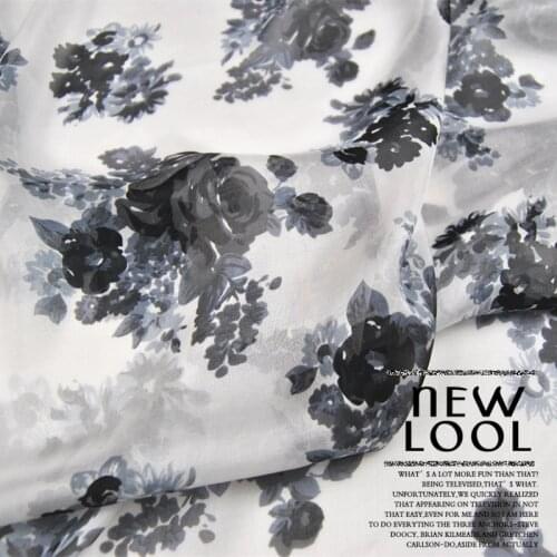 LEO&LIN Elegant black white Flower Large Wide 100% Silk Real Silk Chiffon Thin Dress Scarf Cloth DIY patchwork
