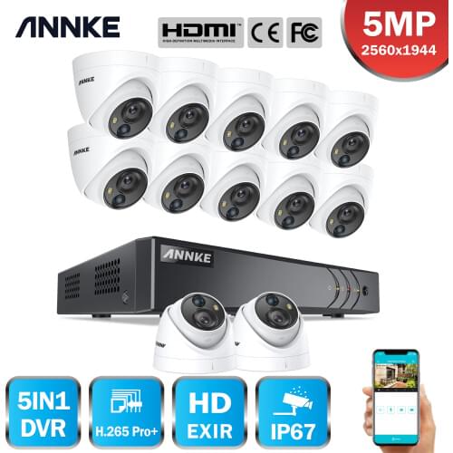 ANNKE 16CH 5MP Security Camera System 5MP Lite 5IN1 H.265+ DVR 12PCS IP67 5MP PIR EXIR Dome Weatherproof Surveillance CCTV Kit