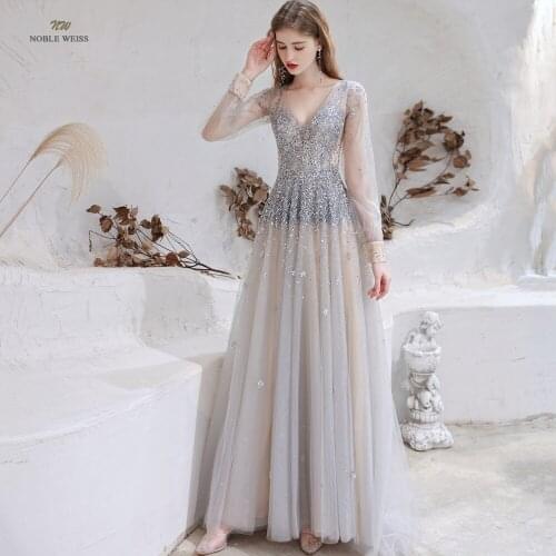 Bling Bling Crystal beaded Evening Dress V Neck Luxury Backless Girls Party Dress Sheer Long Sleeve Sexy Formal Celebrity Gown