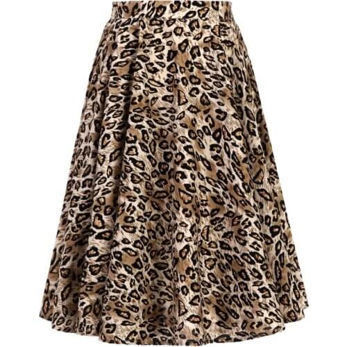 Vintage Leopard Skirt Women Midi Button Office Elegant Swing Skirts Womens Summer 1950s Rockabilly Floral Casual Pleated Skirt