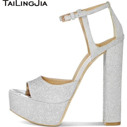 2020 Platform Chunky Heel Sandals Silver High Heels for Women Platforms Glitter Ankle Strap Ladies Heeled Summer Party Shoes