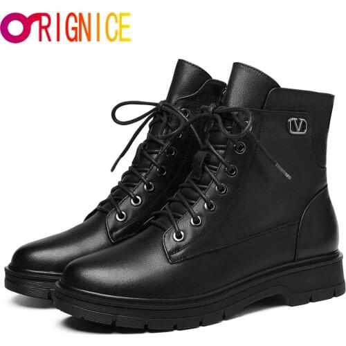 Orignice Genuine Leather Women Autumn Winter Ankle Boots Lace Up Warm Fur Snow Handmade Low Heels Size 34-41 Comfort Wild Shoes