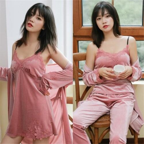Womens pajamas autumn and winter gold velvet four-piece sexy strap nightdress nightgown casual home service пижама Sleepwear