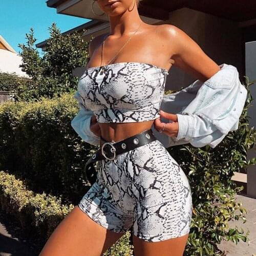 Women Sexy Fashion Strapless Snakeskin Print Tube Tops+Skinny High Waist Shorts Club Two-Piece Swimsuits Beachwear Bathing Suits