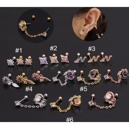 6Styles Zircon Gem Tassel Earrings Helix Piercing Tragus Piercing Nose Ring Ear Piercing Body Jewelry Earrings 2021 Trend Women