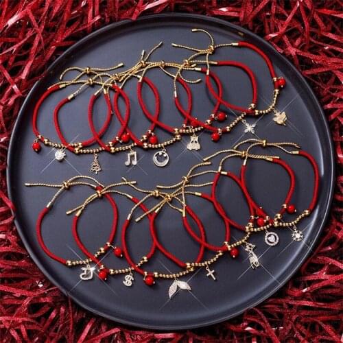 2021 New Trendy Handmade Weave Red String Rope Bracelet Cross Snowflake Note Zircon Pendant Charm Bracelets for Women Girl Gifts