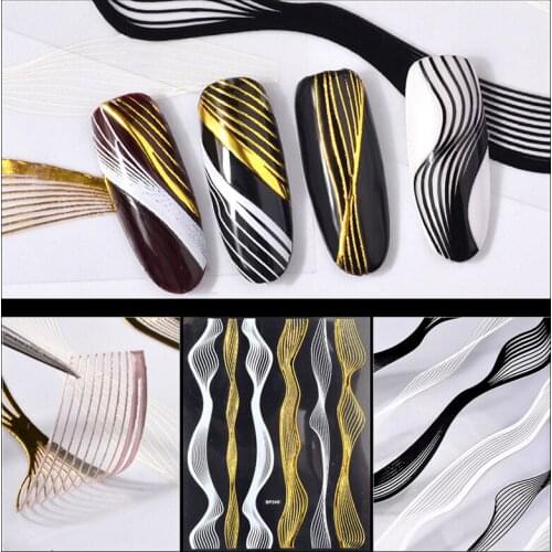 1 Pcs Wave Gold Black 3d Adhesive Metal Nail Stickers Decals DIY Charm Design Nail Art Decorations