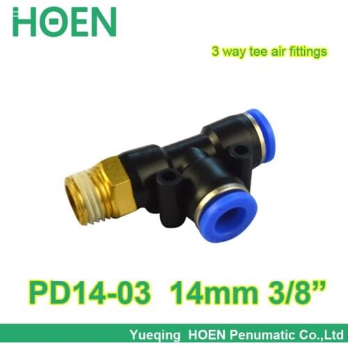 10pcs/lot 14mm thread 3/8" joint 3 way pneumatic fitting PD14-03 Push In One touch tube quick pipe tee Quick Fitting