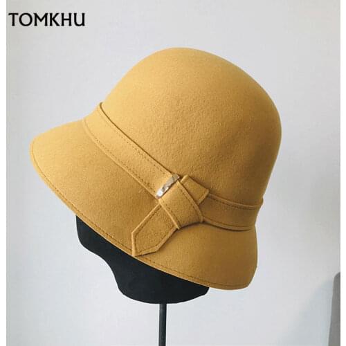 100% Wool Wide Brim Porkpie Fedora Hats For Women Decoration Felt Hat Dome Top Retro Hepburn Net Red Felt Cap 4 Color Fascinator