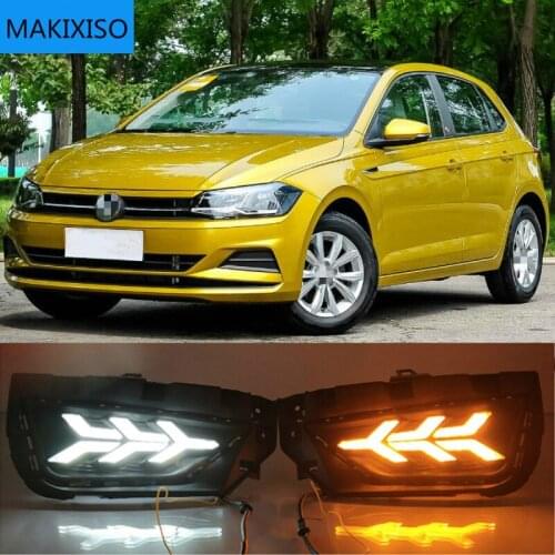 2PCS Car DRL For Volkswagen Polo 2019 2020 LED Daytime Running Light Fog Lamp Sequential Yellow Turn Signal Function