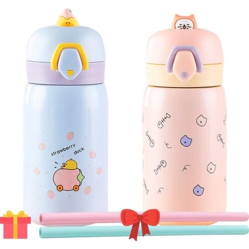 350ML Baby Water Cup Creative Cartoon 304 Stainless Steel Vacuum Water Bottle with Two Straw Outdoor Portable Childrens Cups