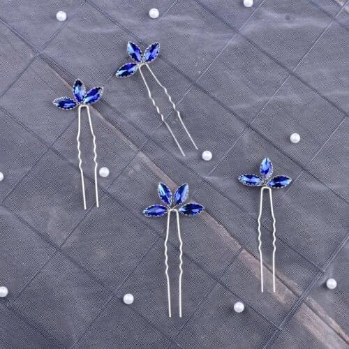 4PCS Silver Color Hair Pins Women Bridal Blue Crystal Wedding Hair Jewelry Accessories Handmade Shiny Head Decoration Hairwear