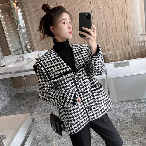 Bella Philosophy 2020 Women Plaid Tweed Short Coat Lady Korean pocket Woolen Jacket Outwear Female Turn Down Collar Short Coats