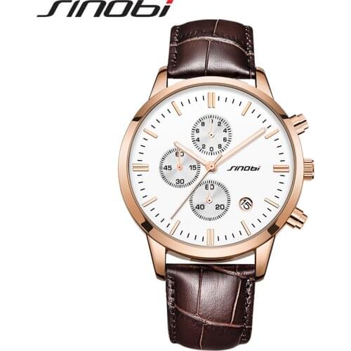 SINOBI Fashion Multifunction Mens Wristwatches Black Leather Strap Luxury Males Business Quartz Watch Dropshipping montre homme