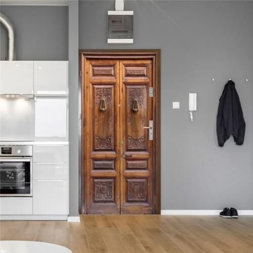 Retro Wooden Renovation Door Stickers Chinese Style Home Decor Living Room Kitchen Whole Piece Custom Size Waterproof Wallpaper