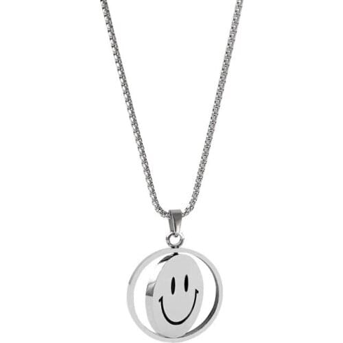 Double-sided Smiley Face Titanium Steel Necklace Round Bead Chain Reversible Smiley Face Pendant Unisex Couple Jewelry