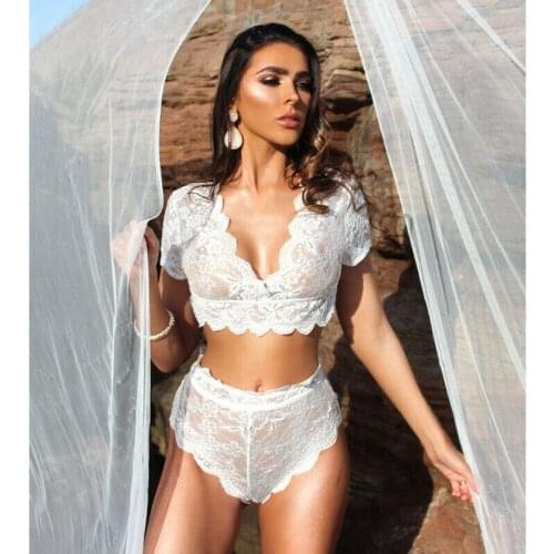 Erotic Lengerie Sexy Womens Lace Sheer Lingerie Short Crop Tops And Panties Nightwear Set Babydoll Underwear Set Sleepwear White