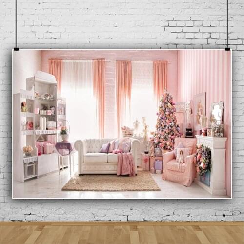 Photo Backdrop Pink Living Room Merry Christmas Festivals Tree Sofa Baby Toys Curtain Floor Child Baby Interior Photo Background