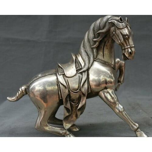 9.2" Chinese Silver Feng Shui Stand Tang Horse Success Lucky Statue Sculpture