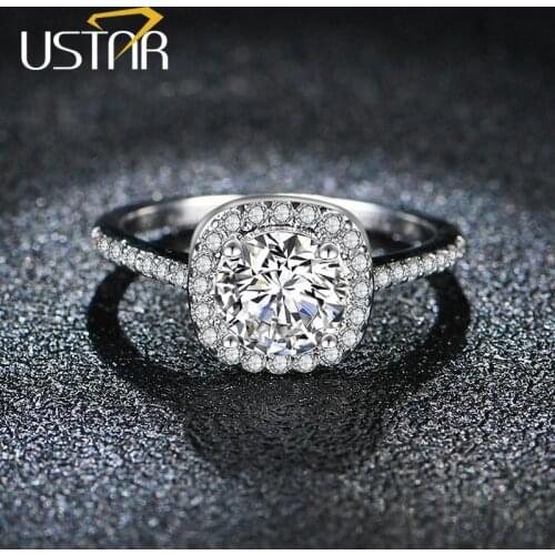 USTAR 7mm AAA Cubic Zirconia wedding Rings for women Silver color Crystals engagement rings female Anel Bague femme jewelry gift