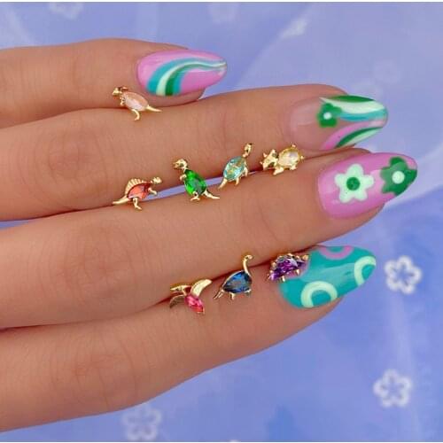 Colorful Cute Mini Inlaid Zircon Dinosaur Stud Earrings For Kids Women Girl Simple Crystal Animal Shaped Ear Jewelry Party Gifts