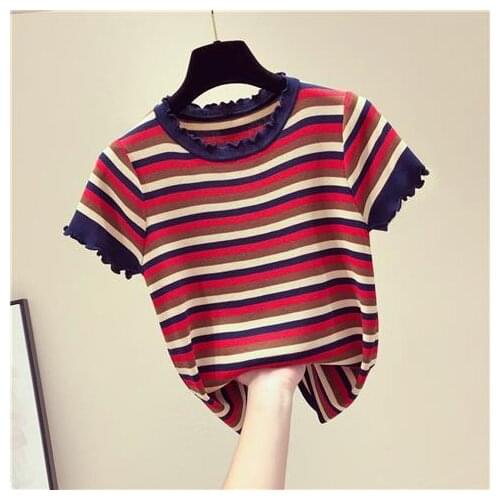 Summer Fashion The New Rainbow stripes O-neck short-sleeved sweater bottoming shirt womens loose thin pullover