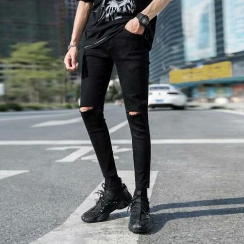 Summer 2021 Fashion teenagers Denim jeans men\s slim feet pants trend beggar pants knee holes long pencil pants men