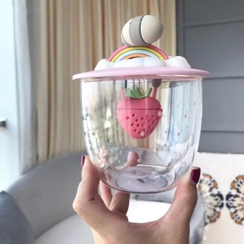 Bear Double Glass Water Cup Lovely Cartoon Strawberry Filter Coffee Drink Mug Halloween Wine Glasses Friend For Drinkware