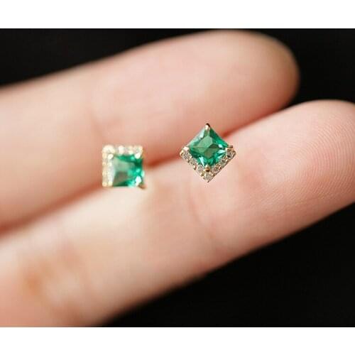 Cute Female Square Crystal Small Earrings Real 925 Sterling Silver Gold Stud Earrings For Women Dainty Bride Wedding Earrings