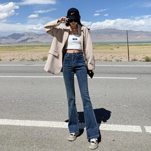 Fashion high-waist flared jeans womens2021fall/winter new elastic slim-fit flared pants blue retro Harajuku full-length jeansXL