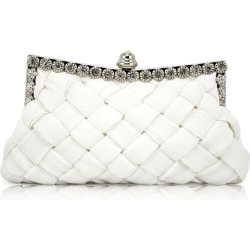 Hot Fashion White satin bridal evening prom clutch handbag purse Bling Rhinestones Decortaion party bag with metal chain
