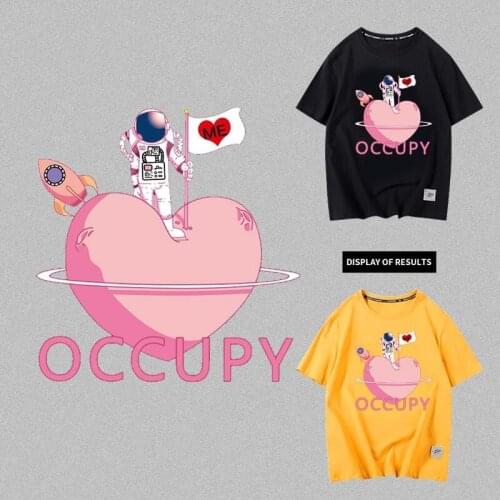 Cartoon Heart shaped planet heat transfer Astronaut landing in the heart in mind sticker for DIY iron on girls clothes vinyl