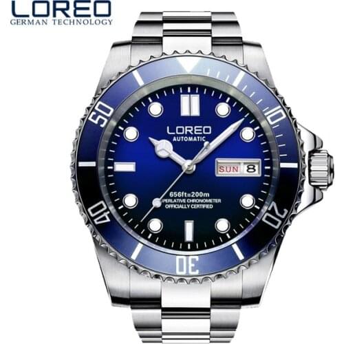 LOREO Men Watches Auto Date Sapphire Watch Sports Stainless Steel Luminous Waterproof 200m Diver Automatic Mechanical Wristwatch
