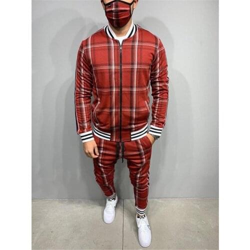 Men' 3D Plaid Sports Gentlemen Set Jogging Slim Jacket Men Set Tracksuit Street Fashion Trend Hip-Hop Zipper Collar Jacket Suit