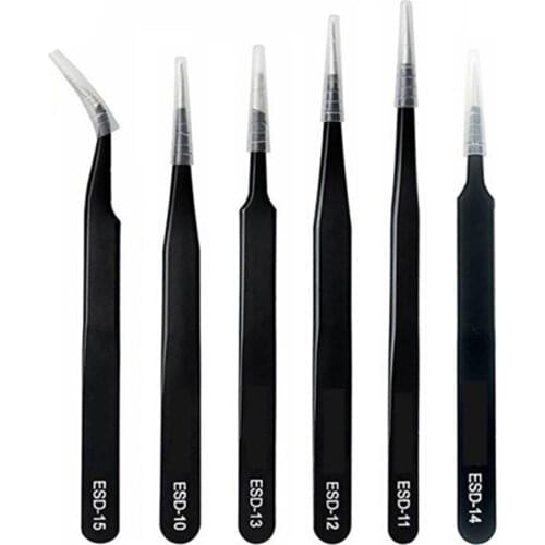 6Pcs/set Eyelash Tweezers Tools Kit ESD Precision Antistatic Tip Curved Straight Multifunctional Stainless Steel Repair Tool