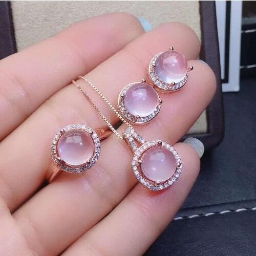 Real Natural Rose Quartz jewelry set Natural Real Rose Quartz 925 sterling silver 1pc pendant,1pc ring,2pcs Earring