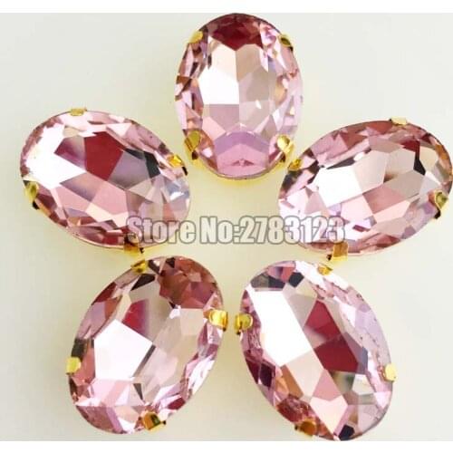 New product! Golden base pink oval shape flatback AAA Glass Crystal sew on loose rhinestones Free shipping SWTJ010