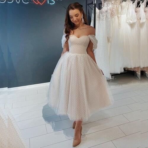 Short Wedding Dress 2021 Off Shoulder Ankle Length Point Net Bridal Gown Gorgeous For Women Brides Tulle Robe De Mariee Graceful