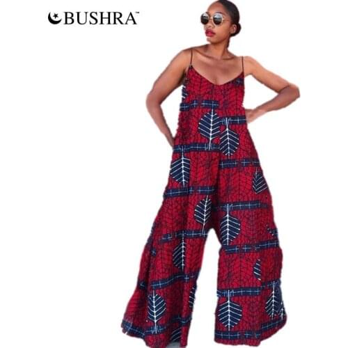 BUSHRA African Dresses Women Ladies Dashiki Print O-Collar Ankara Kanga Style Sexy Suspender Trousers Robe Jumpsuit 2021 New