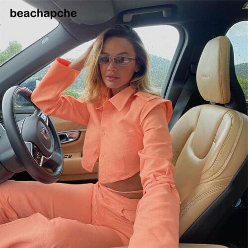 Beachapche Two Piece Set Women Lapel Button Up Long Sleeve Shirt Crop Top + High Waist Bandage Pants Outfits 2021 Autumn Elegant