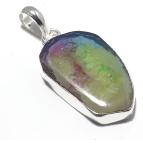 Genuine Rainbow Solar Quartz Pendant Silver , Hand made Women Jewelry gift , P9675