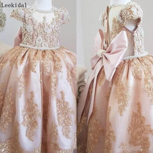 Luxury Pearls Beads Lace Flower Girl Dresses Short Sleeves Little Girl Wedding Guest Dresses Vintage Pageant Party Gowns Custom