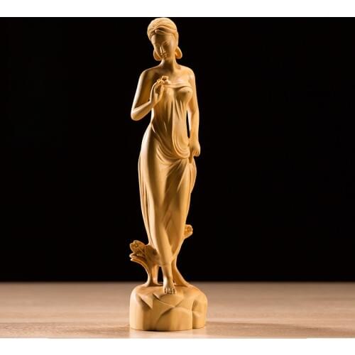 Boxwood 19cm Beauty Sculpture Wood Out of The Bath Girl Statue Home Decor