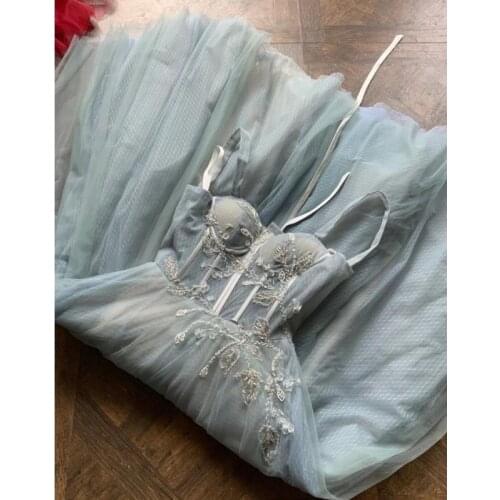 Sexy Prom Dresses 2021 New Spaghetti Straps A-Line Tulle Crystal Prom Dresses With Lace Up Back vestidos de fiesta de noche