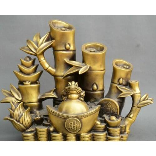 Collect China fengshui old Bronze yuanbao bamboo pole golden toad lucky Statue