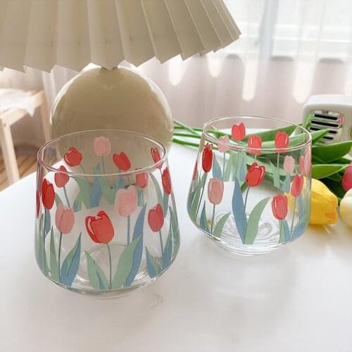 Ins Glass Cup South Korea Hand-painted Tulip Flower Glass Cup Big Belly Drinking Glasses Wine Milk Cup Home Decor Drinkware