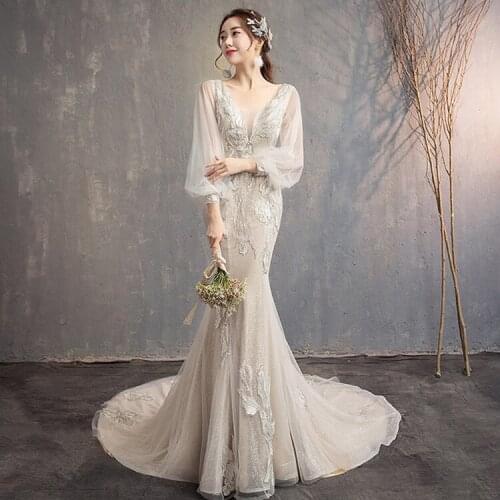 Bride Wedding High-end Mermaid Wedding Dress Bridal Wedding Dress Long Sleeve Slim Tail Wedding Dress Dream Wedding Dress