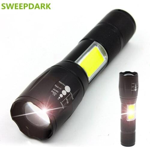 LED Flashlight Side COB Lamp Design T6 8000 Lumens Zoomable Torch 4 Light Modes by 18650 Battery