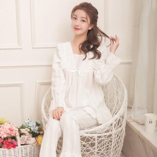 Spring Autumn Pajamas Women Summer Long Sleeves Thin 100% Cotton Palace Sweet Princess Style Lovely Sleepwear Lace Home Service